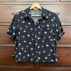 Navy-blue printed short-sleeve button up
